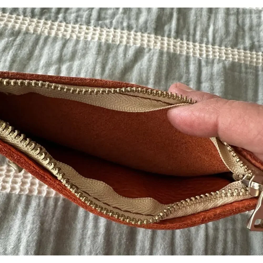 New Portland Leather Double Zip Koi Orange Leather Change Purse Gold Zipper NLA - Picture 3 of 6